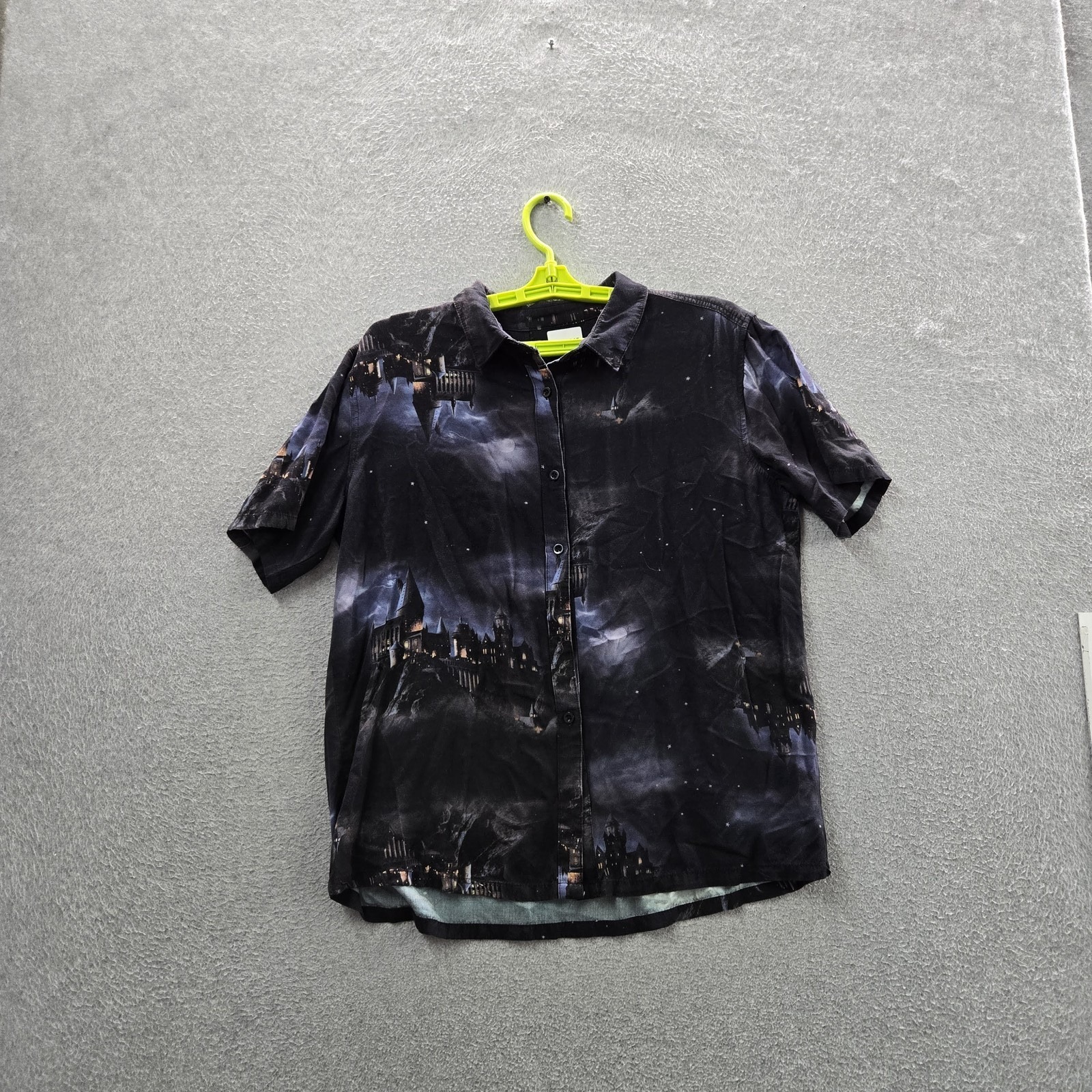 Harry Potter Women Button Up Shirt Black Graphic Hogwarts Castle Hawaiian Shirt